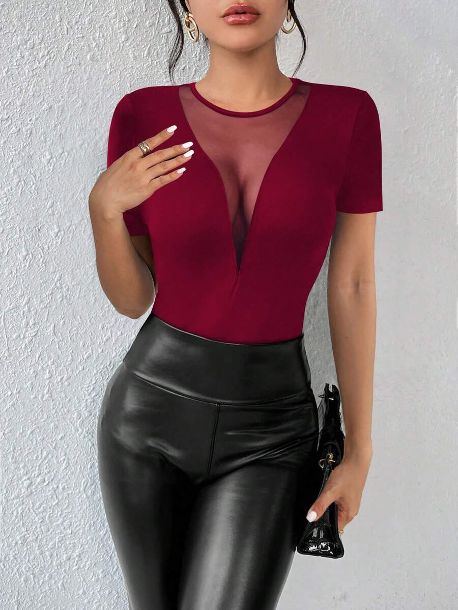 Chiquease Mesh Contrast Slim-Fit T-Shirt - Burgundy - View 1