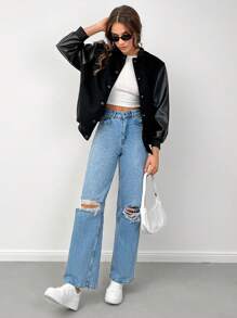 EURMUSE Women's Baseball Collar Patchwork Fabric Jacket - Black - View 5