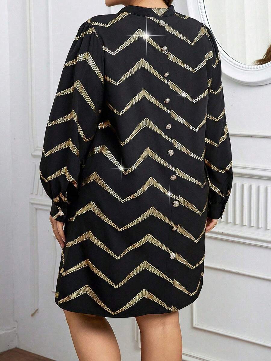 SHEIN Clasi 剪裁領口長袖禮服連衣裙,背部飾有燈芯釦 - 彩色 - 查看 1