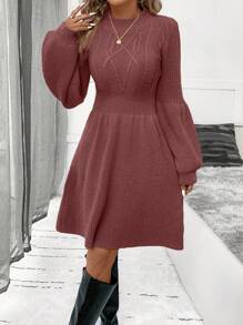 SHEIN Clasi 女士圆领针织灯笼袖毛衣连衣裙 - 鏽棕色 - 查看 4