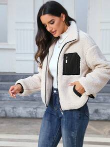 RELISH NOLESS 女士休闲日常拉链撞色羊羔绒夹克，秋冬 - 米色 - 查看 6