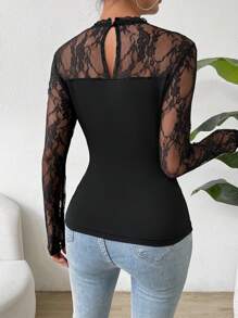 SHEIN Unity Women's Lace Patchwork Hollow Out Top - Black - View 2