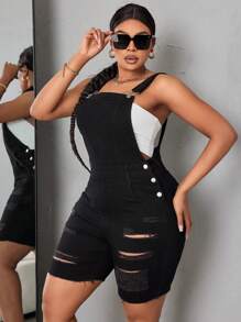 SHEIN SXY Plus Size Women'S Distressed Denim Overalls Shorts