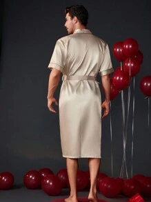 Valentine's Day Men's Color Block Belted Robe With Rolled Edge - Yellow - View 2