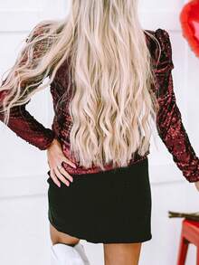 Astylish Classi Glitter Burgundy Mock Neck Ruched Puff Sleeve Sequin Top - Burgundy - View 2