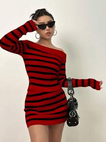 Flirla Women's Off Shoulder Striped Long Sleeve Sweater And Knit Skirt Two Piece Set Fall Cloth For Women - Red - View 6