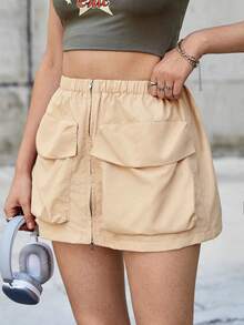 SHEIN EZwear 女士實色口袋裙 - 卡其色 - 查看 7