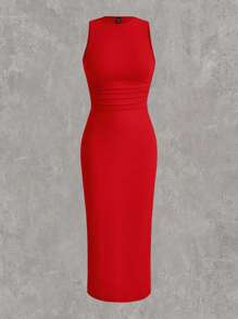 SHEIN EZwear Dress Ukuran Plus Tombol Ruched Split Thigh Plain Anggun - Merah - View 1