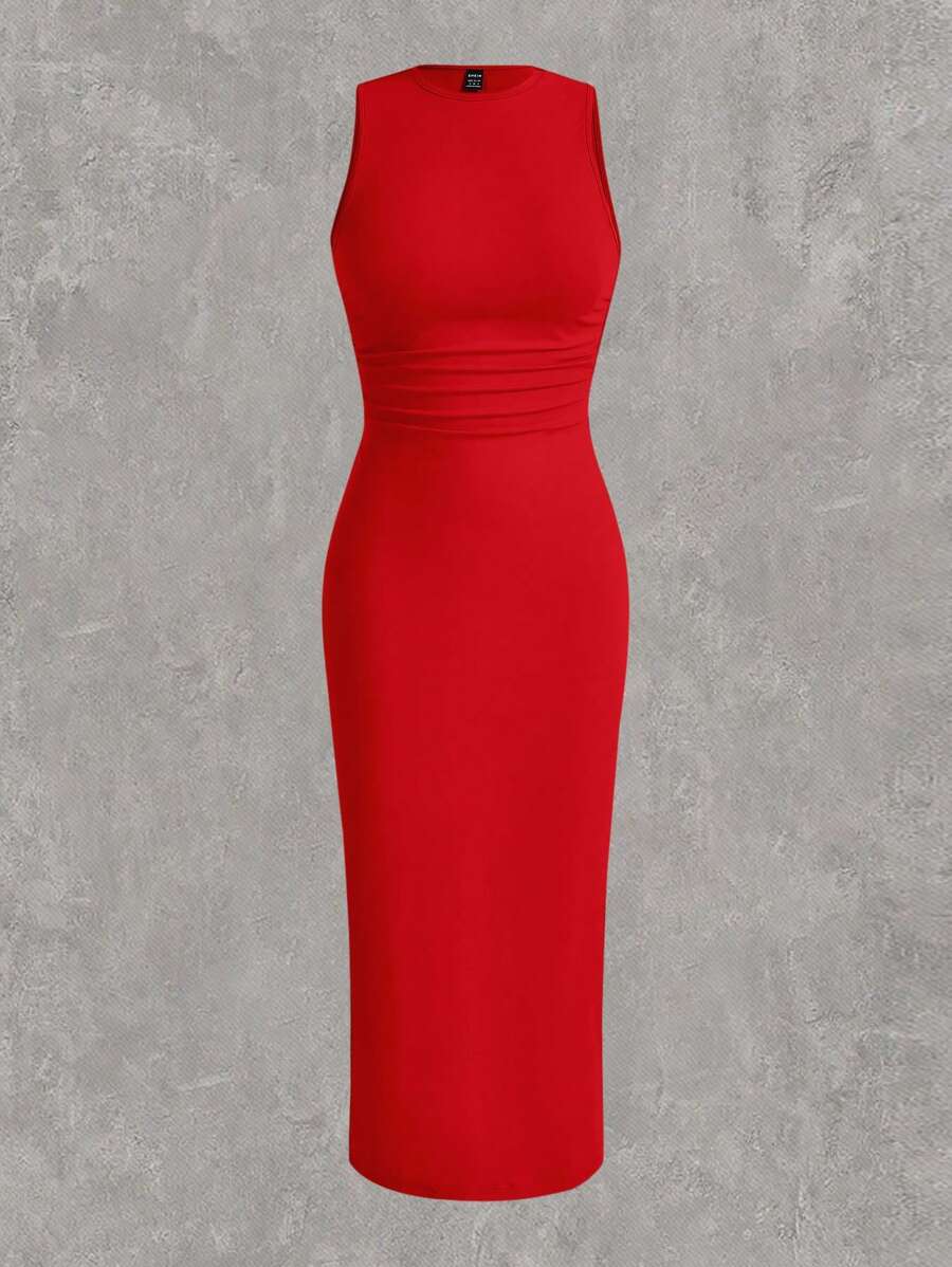SHEIN EZwear Dress Ukuran Plus Tombol Ruched Split Thigh Plain Anggun - Merah - View 1