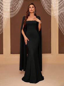 SHEIN Belle Adult Bridesmaid Dress With Split Sleeves, Square Neckline, Cinched Waist And Fish Tail Dress Black Elegant Extra Long Sleeve Formal Evening Prom Wedding Guest Gown, For Graduation, Dinner Party Dress - Black - View 5