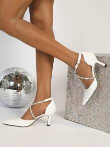 Pointed Toe Chunky Heels Women's High Heels 2024 Spring Autumn New Hollow Out Rhinestone Buckle Strap Shoes All-Match Women's Shoes - White - View 7