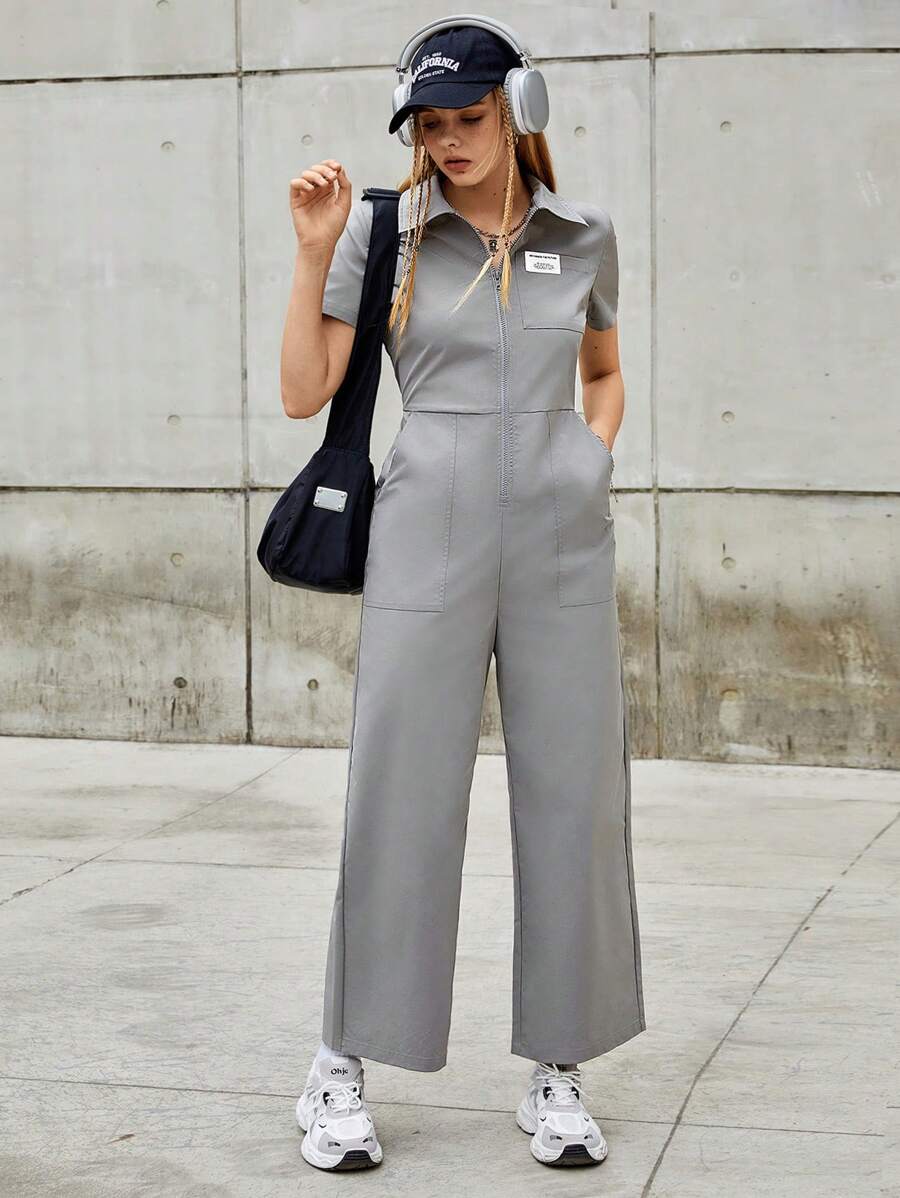 SHEIN EZwear 灰色編織女士連身褲,斜口袋和拉鍊前 - 灰色 - 查看 1