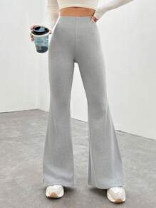 SHEIN EZwear Solid Color High-Waisted Flared Pants - Grey - View 1