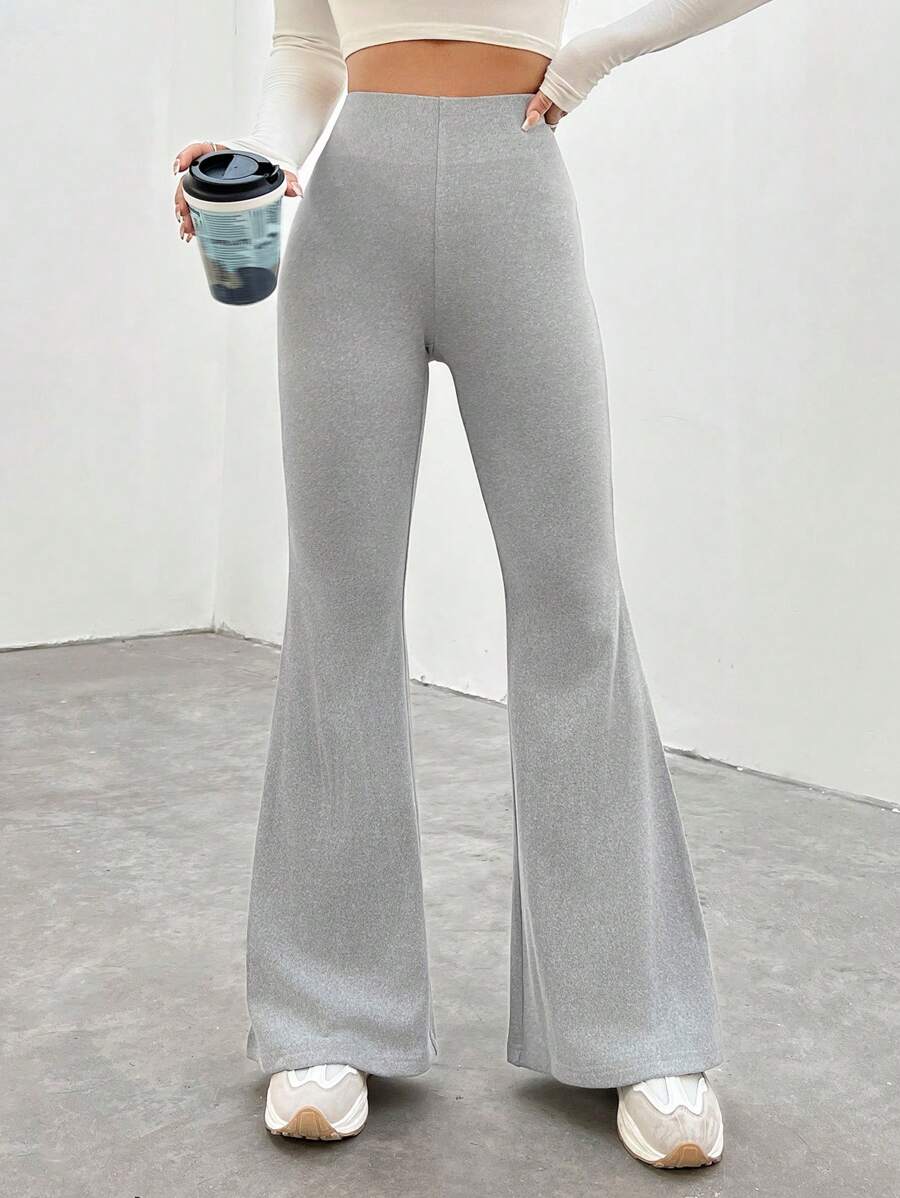 SHEIN EZwear Solid Color High-Waisted Flared Pants - Grey - View 1