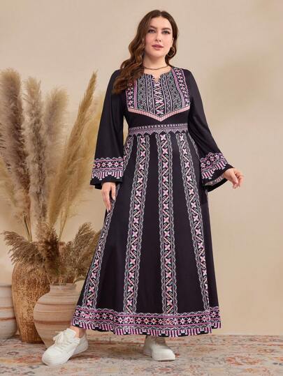 Al Najma 大尺碼女性阿拉伯風格幾何印花波浪袖洋裝