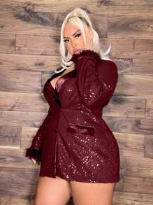 SHEIN SXY Của phụ nữ Kích thước lớn Lấp lánh Lông Áo vest - Màu Đỏ Sâu - Xem 4