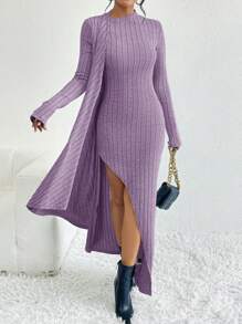 SHEIN Privé 女款側開衩長袖羅紋洋裝 - 淡紫色 - 查看 1