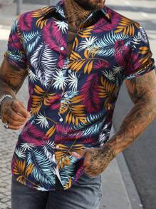 Camisa hawaiana de manga corta para hombre con estampado de hojas - Multicolor - Ver 1