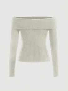 SHEIN Unity Women's Off Shoulder Long Sleeve Pullover Sweater,Long Sleeve Tops Knit Pullover Fall Winter Sweater - White - View 3