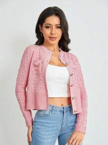 SHEIN Clasi 幾何圖案前紐扣開襟衫 - 粉色 - 查看 5