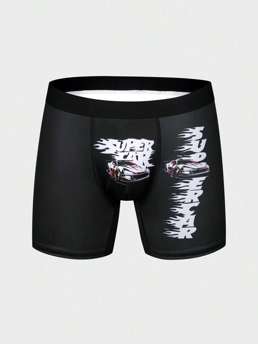 Men'S Square Cut Boxer Briefs With Car And Letter Print - Black - View 1