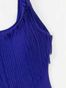 SHEIN Swim Women'S One-Shoulder Asymmetrical Fringe Decoration One-Piece Swimsuit Summer - Navy Blue - View 4