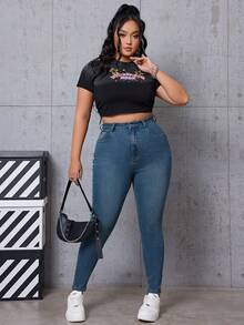 CovetEZ 大尺碼水洗修身牛仔褲 - 中等水洗藍 - 查看 5