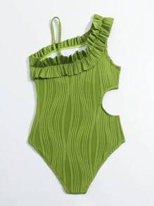 Tween Girl Asymmetrical Shoulder Textured One-Piece Swimsuit - Green - View 2