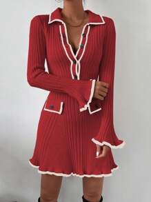 Chiquease 女士彩色拼接邊波浪袖毛衣連衣裙 - 紅色 - 查看 1