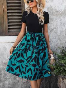 SHEIN Frenchy Vestido Con Cinturón Y Empalme Con Estampado Vegetal - Azul - Ver 5