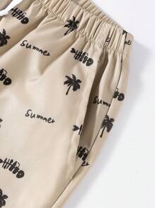 SHEIN 2pcs/Set Tween Boys' Elastic Waistband Tropical Plant & Letter Print Casual Shorts For Summer - Khaki - View 4
