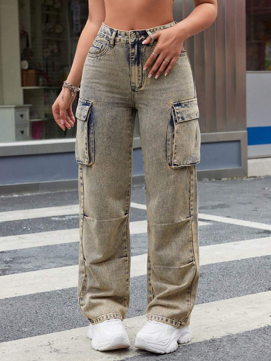 SHEIN ICON 多口袋水洗牛仔褲 - 深色水洗藍 - 查看 1