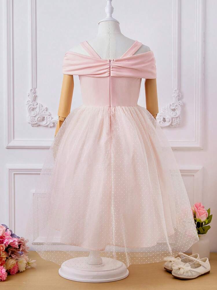 Tween Girls' Wedding Season Woven Hollow Out Shoulder & Mesh Dress