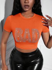 Slaydiva Của phụ nữ Pha lê In thư Quần skinny Áo thun - trái cam - Xem 6