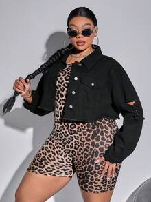 大尺寸破洞短款牛仔外套,沒有彈性 - 黑色 - 查看 5