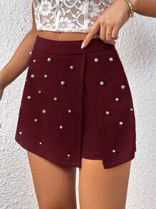SHEIN Privé Women's Pearl Decor Wrap Skorts - Burgundy - View 4
