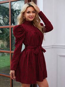 SHEIN Privé Women's Plaid Leg-Of-Mutton Sleeve With Waist Belt Dress - Red - View 4