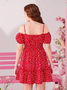 SHEIN Vestido casual de hombros descubiertos para niñas adolescentes con patrón de corazón en miniatura tejido y tirantes ligeramente ajustables - Rojo - Ver 2