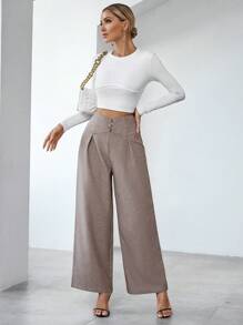 SHEIN Clasi 女款寬腿褲 - 卡其色 - 查看 5