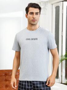 Men'S Letter Printed Short Sleeve Home Wear Top - Grey - View 3