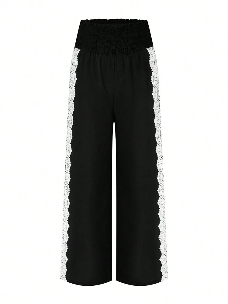 Plus Size Contrast Color Lace Panel Pants Fall Cloth For Women