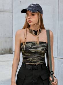 SHEIN EZwear Ngụy trang Đan Của phụ nữ Ống ngọn - xanh quân đội - Xem 3