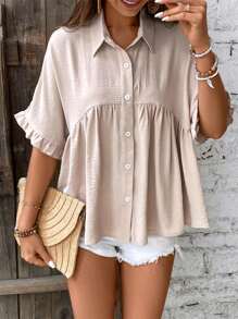 EMERY ROSE 女士荷叶边娃娃衫女式衬衫 - 卡其色 - 查看 3