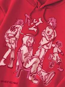 INAWLY Áo hoodie in hình nhân vật dành cho nữ, áo dài tay kiểu chui đầu, áo nỉ mùa thu. - Đỏ - Xem 3