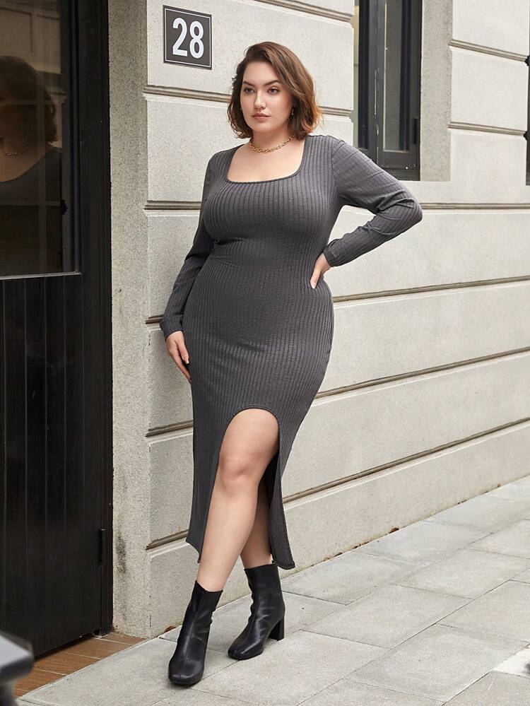 Women's Plus Size Square Neck Side Slit Hem Dress