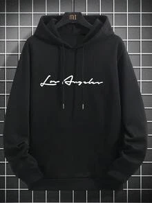 Manfinity Homme 男士字母印花束腰連帽衛衣 - 黑色 - 查看 2