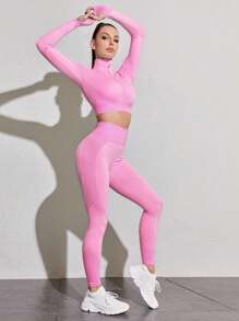 SHEIN Yoga Futuristic 2pcs Gym Outfits Set Workout Suit Zip Up Thumb & Sports Jacket Wide Waistband Tights Fit Set Workout Women Set - Pink - View 4