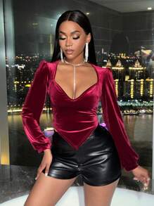 SHEIN Slayr Lantern Sleeve T-Shirt With Sweetheart Neckline - Burgundy - View 5