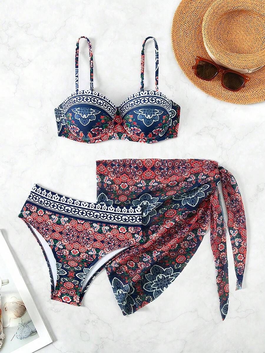 SHEIN Swim Bộ bikini in hoa đi biển mùa hè cho nữ - Nhiều màu - Xem 1