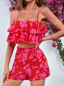 SHEIN VCAY Women's Floral Print Casual Two-Piece Set - Red - View 3